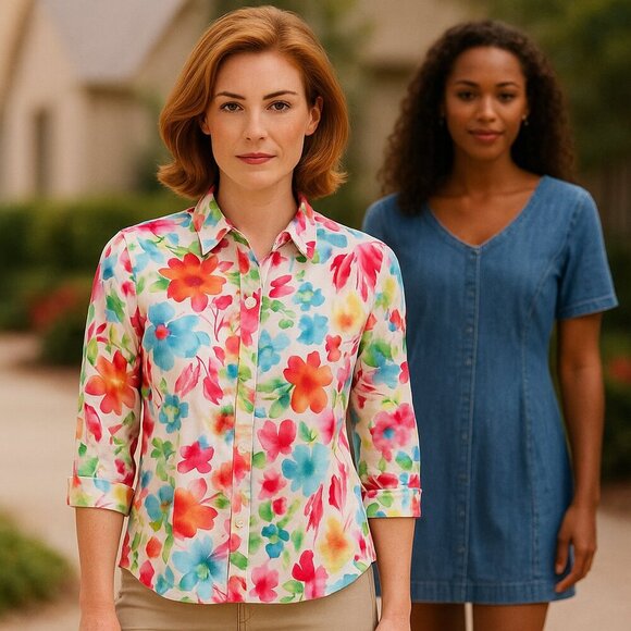 Chaps Floral Watercolor Button Down Shirt M Cotton Spring Garden Preppy Top - Picture 1 of 7